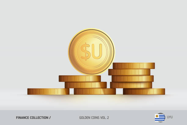 istock Gold coins. Realistic Uruguayan Peso coin standing on stacked coins. Finance concept for websites, web design, mobile app, infographics. 985639098
