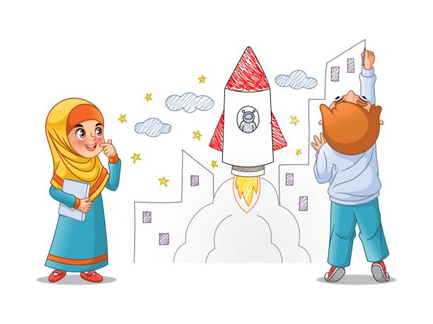 Kids Paint Draw Space Rocket On The Wall Kids paint draw space rocket on the wall, cartoon character design, vector illustration, isolated against white background. background of arabian scarf stock illustrations