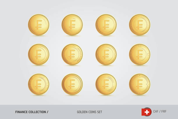 istock Golden coins. Realistic golden Swiss Franc coins set. Isolated objects on background. Finance concept for websites, web design, mobile app, infographics. 985661394