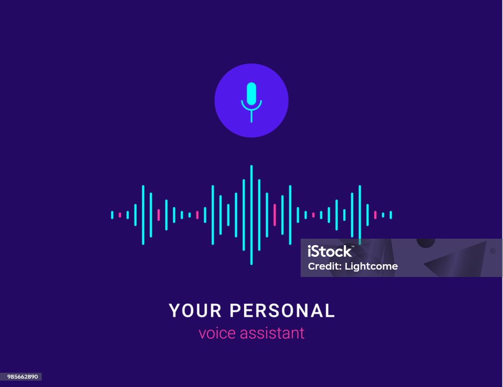 Personal assistant and voice recognition concept Personal assistant and voice recognition concept flat vector illustration of sound symbol intelligent technologies. Microphone button with bright voice and sound imitation lines Sound Wave stock vector