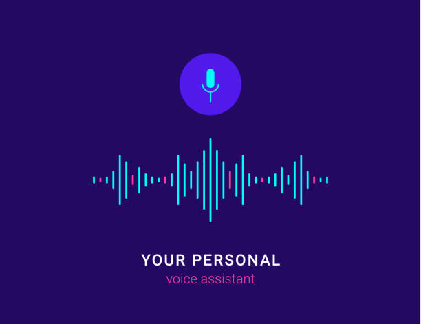Personal assistant and voice recognition concept Personal assistant and voice recognition concept flat vector illustration of sound symbol intelligent technologies. Microphone button with bright voice and sound imitation lines microphone patterns stock illustrations