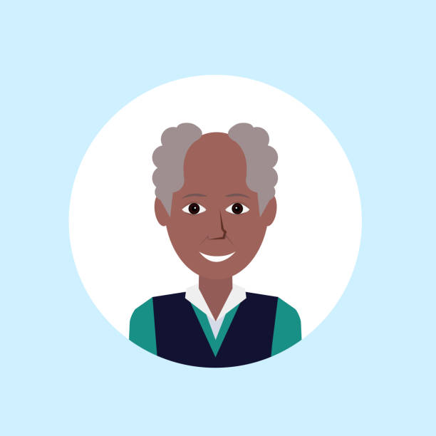 ilustrações, clipart, desenhos animados e ícones de afro-americano velho homem rosto feliz retrato sobre fundo azul, avatar masculino liso - senior adult human face male action