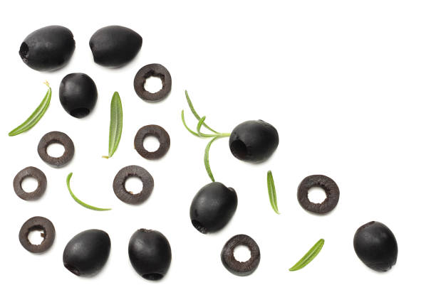 istock Marinated black olives with rosemary isolated on white background. top view 985663190