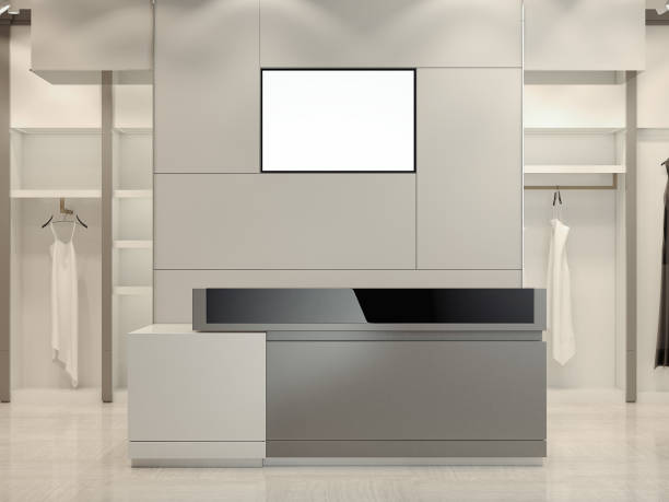 istock Cash desk area with blank computer monitor screen at store, 3d rendering 985672194