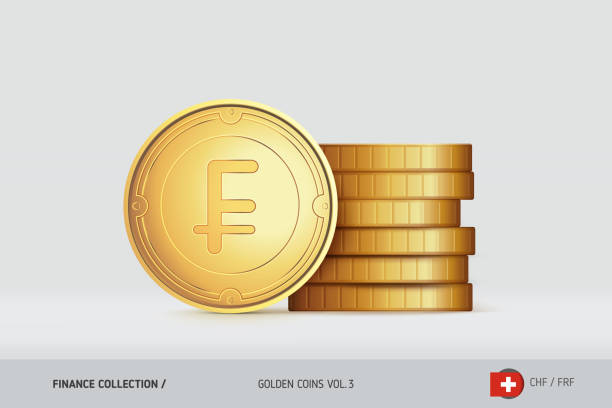 illustrations, cliparts, dessins animés et icônes de pièces d’or. pièce de franc suisse réaliste debout près des pièces empilées. concept de finance pour sites web, design web, application mobile, infographie. - swiss currency swiss coin switzerland coin