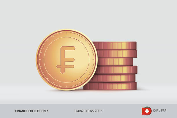 illustrations, cliparts, dessins animés et icônes de monnaies de bronze. pièce de franc suisse réaliste debout près des pièces empilées. concept de finance pour sites web, design web, application mobile, infographie. - swiss currency swiss coin switzerland coin