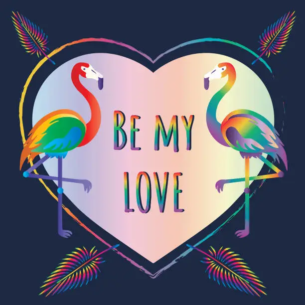 Vector illustration of Multicolored flamingos love poster on dark background