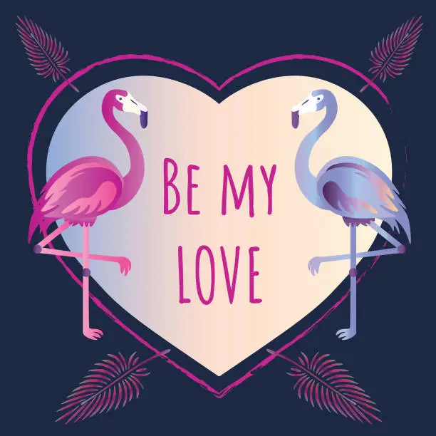 Vector illustration of Colored flamingos love poster on dark background