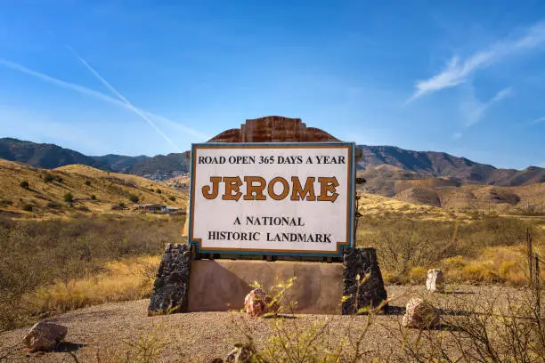 Welcome sign to the small historic mountain town of Jerome in Arizona.