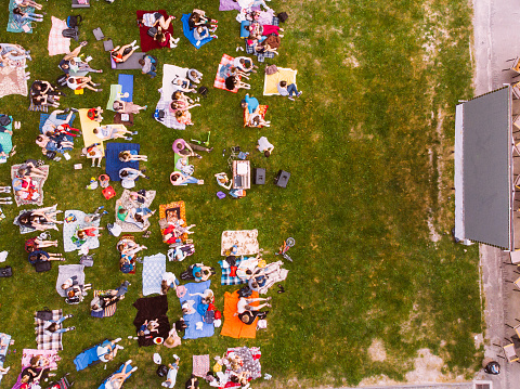 aerial view of people that watching cinema in open air cinema