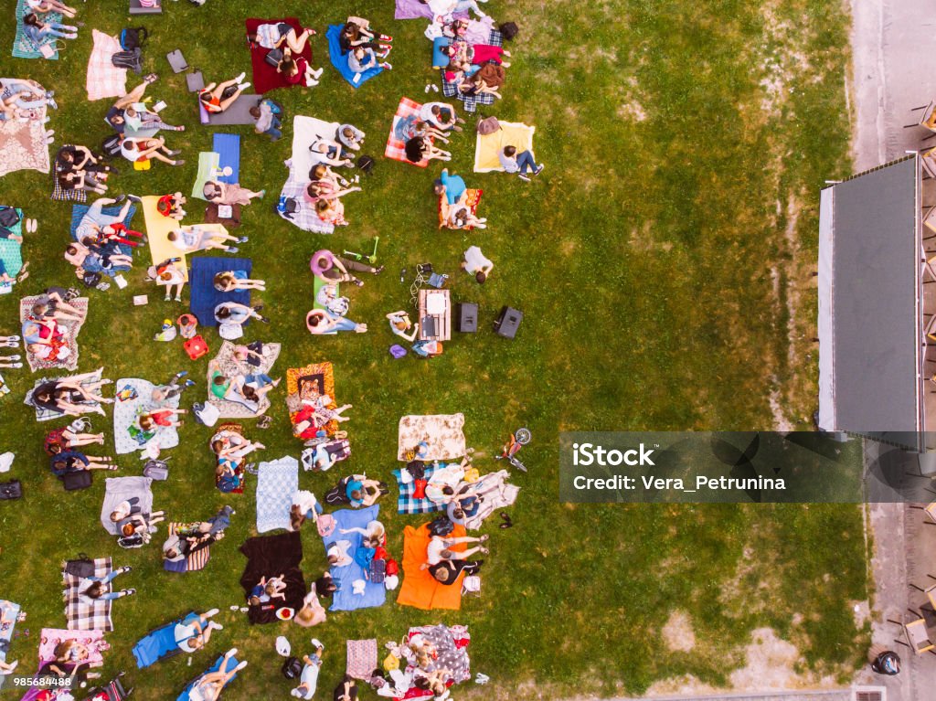 aerial view of people that watching cinema in open air cinema Movie Stock Photo