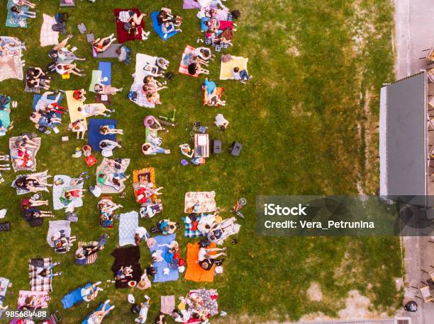 Aerial View Of People That Watching Cinema In Open Air Cinema Stock Photo - Download Image Now