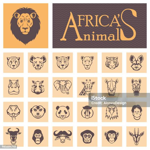 African Animal Faces Stock Illustration - Download Image Now - Icon Symbol, Lion - Feline, Elephant