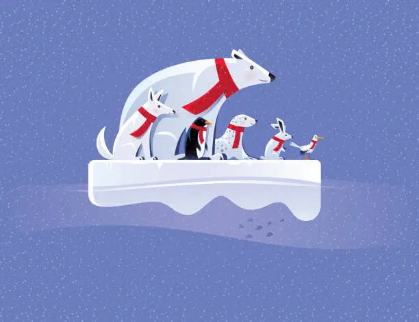 Vector illustration of arctic animals standing on ice floe