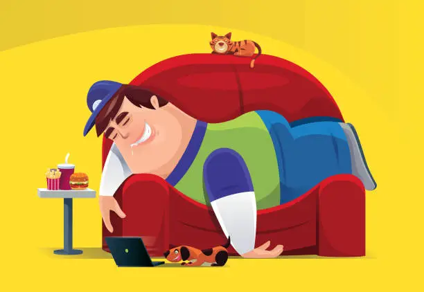 Vector illustration of lazy fat man lying on sofa