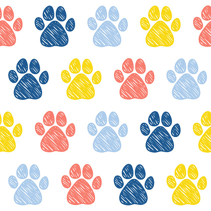 Doodle dog paw seamless pattern background. Abstract dog paw track swatch  for card, invitation, veterinarian clinic poster, textile, bag print, modern workshop advertising etc.