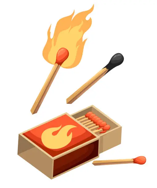 Vector illustration of Collection of matches. Burning match with fire, opened matchbox, burnt matchstick. Flat design style. Vector illustration isolated on white background