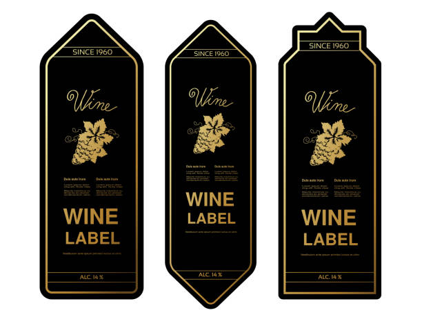 ベクトル黒白い背景の上のブドウでのゴールデン ワインのラベル。ワインの瓶の四角形と星のフレーム。装飾的なステッカー。 - vintage label点のイラスト素材／クリップアート素材／マンガ素材／アイコン素材