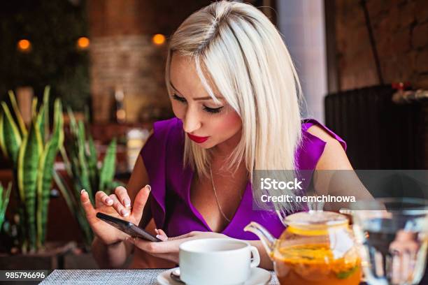 Attractive Woman In Cafe Cell Stock Photo - Download Image Now - Coffee - Drink, Telephone, Adult