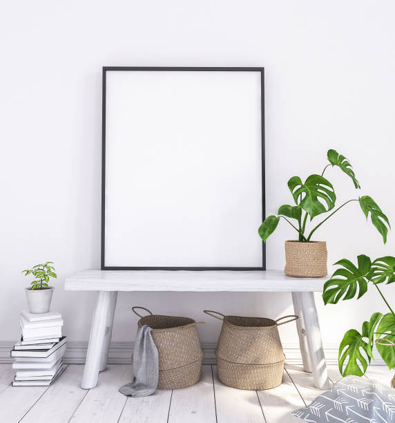 istock Mock up poster on old bench with flowers and baskets 985800444