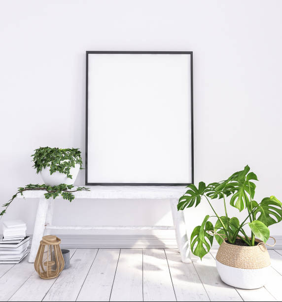 istock Mock up poster on old bench with flowers and baskets 985800448