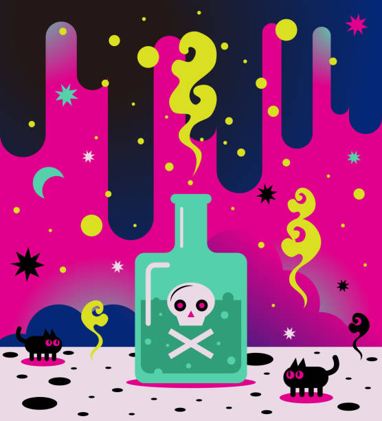 Bizarre poison bottle with skull and crossbones Bizarre Cartoon Characters Design Vector art illustration.
Bizarre poison bottle with skull and crossbones. spooky cat stock illustrations