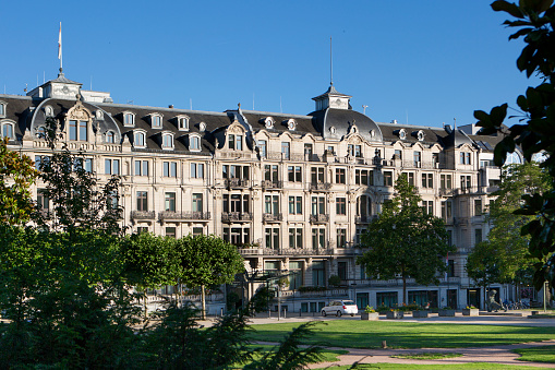 Debrecen, Hungary - Jun 18, 2023: Grand Hotel Aranybika. A walking in the center of Debrecen city in northeastern Hungary in a sunny spring day. Selective focus