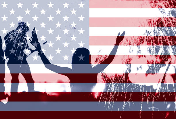 istock Independence day, fireworks, crowd and flag of America 985812342