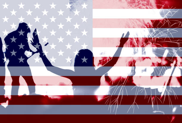 istock Independence day, fireworks, crowd and flag of America 985812440