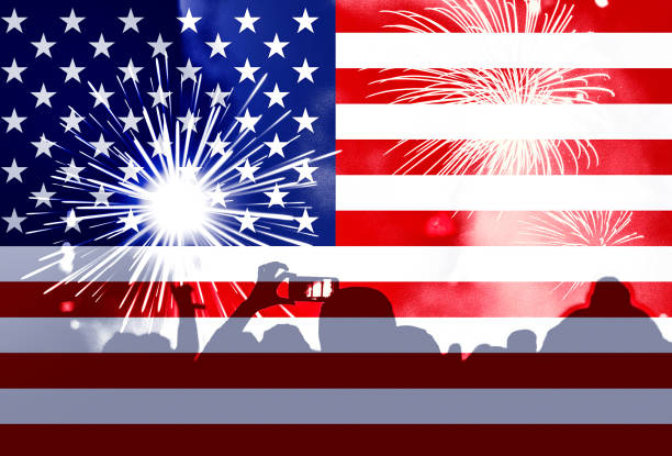 istock Independence day, fireworks, crowd and flag of America 985812542