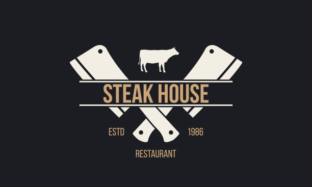 steakhaus - vintage logokonzept. steak house-logo mit kuh und cleaver messer. restaurant-emblem. vorlage.  vektor-illustration. - butchers shop meat store farm stock-grafiken, -clipart, -cartoons und -symbole