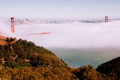 San Francisco famous Golden Gate bridge on foggy day dramatic evening light view from Marin Headland side