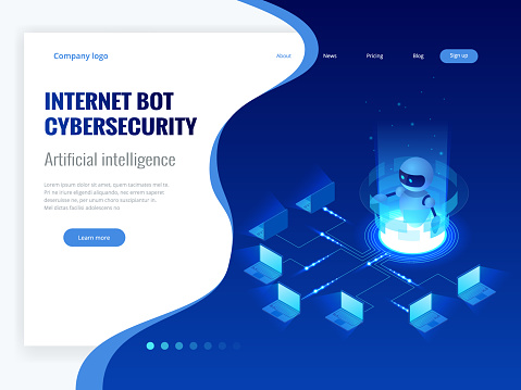 Isometric Internet bot and cybersecurity, artificial intelligence concept. ChatBot free robot virtual assistance of website or mobile applications. Vector illustration.