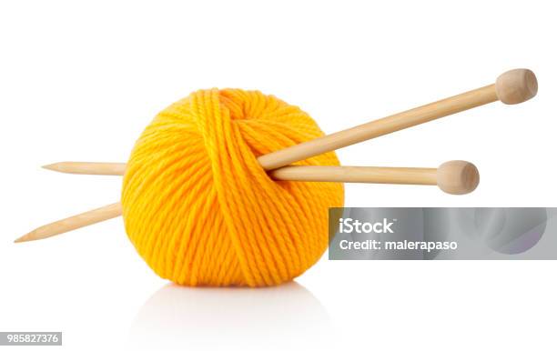 Yellow Ball Of Wool With Knitting Needles Stock Photo - Download Image Now - Knitting, Ball Of Wool, Wool