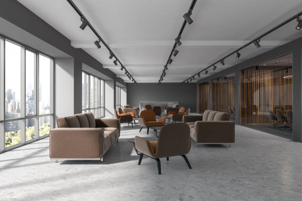 istock Office waiting room, brown armchairs 985827980