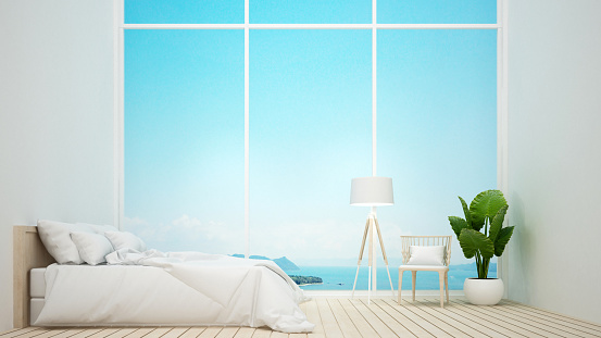 Bedroom and living area on sea view in hotel or resort - Bedroom simple design and nature view background for summer artwork - 3D Rendering