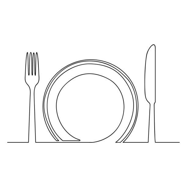 Empty plate and knife one line Vector Illustration Empty plate, fork and knife, one line drawing isolated on white background-Vector One Line Drawing Vector Illustration. meal dinner food plate stock illustrations