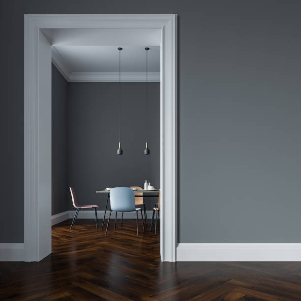 istock Gray dining room interior, pastel chairs, doorway 985838746