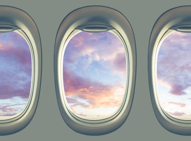 traveling concept photography; porthole inside airplane with three different landscapes in Spain- storm view from Mirador des balcons, Roque Bentayga, view from Cruz de Tejeda and Tenerife city lights by night.