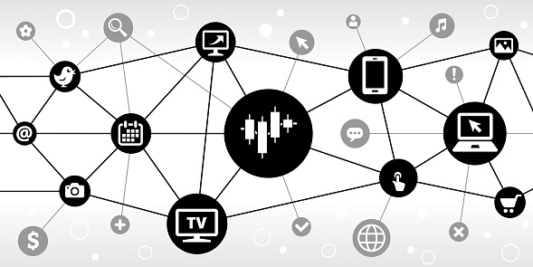 Input and Output Chart Internet Communication Technology Triangular Node Pattern Background. the main icon is in the center of this illustration on a black circle, it is connected to other black circles with technology and modern communication icons on them. The black circles form a triangular node pattern and are connected by thin black lines. the background of the illustration is white. The individual icons include various technology related images such as computers, cell phone, tv set and many more.