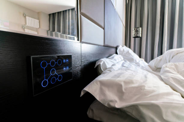 bluetooth controller screen of smart bedroom stock photo