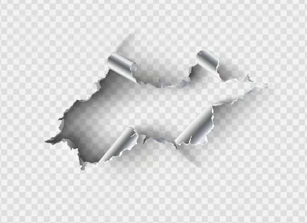Vector illustration of ragged Hole torn in ripped metal on transparent background