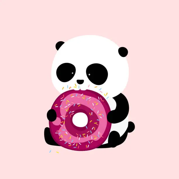 Vector illustration of Vector Illustration: A cute cartoon giant panda is sitting on the ground, holding and eating a big cherry and chocolate doughnut / donut with purple icing and colorful sprinkles.