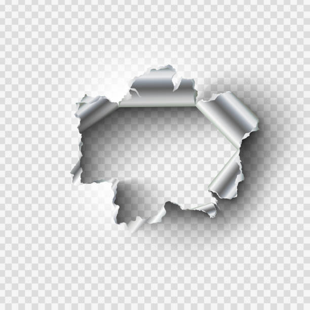 poszarpany otwór rozdarty w zgranym metalu na przezroczystym tle - two dimensional shape paper exploding peel stock illustrations