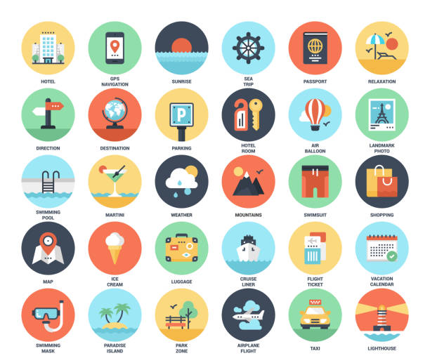 Travel and Vacation Vector set of travel and vacation flat web icons. Each icon neatly designed on pixel perfect 48X48 size grid. Fully editable and easy to use. cruise ship cruise passport map stock illustrations