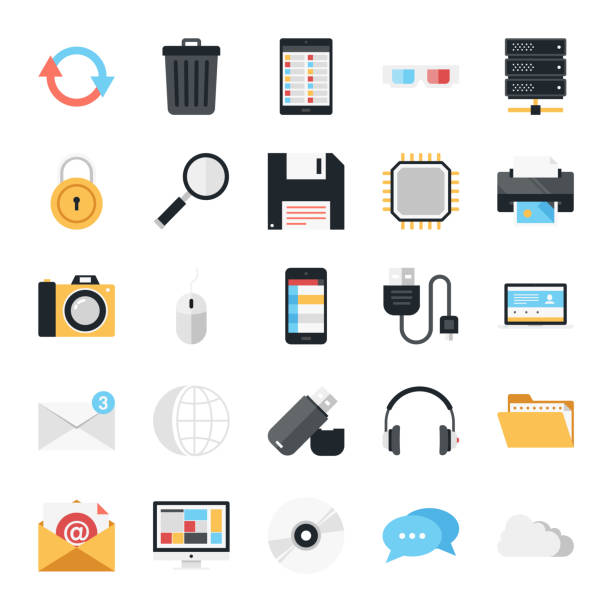 Technology and media icons Modern flat vector illustration of technology and hardware icon design concept. Icon for mobile and web graphics. Flat symbol, logo creative concept. Simple and clean flat pictogram windows folder icon stock illustrations