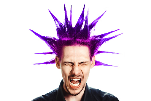 guy with purple hair screams, hair in different directions
