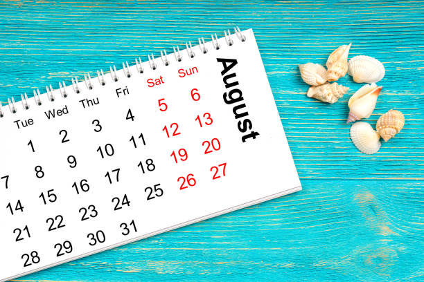 istock august 2017 calendar with sea shell on turquoise wooden planks 985883236