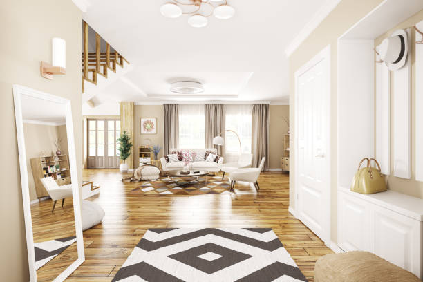 interior of modern hall in house 3d rendering - corridor entrance hall floor hardwood imagens e fotografias de stock