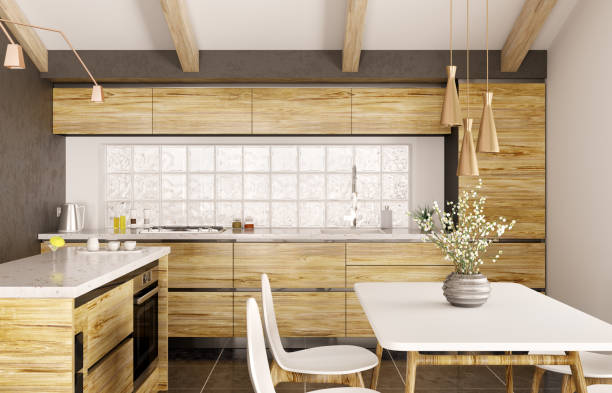 istock Modern interior design of wooden kitchen with island 3d rendering 985884006